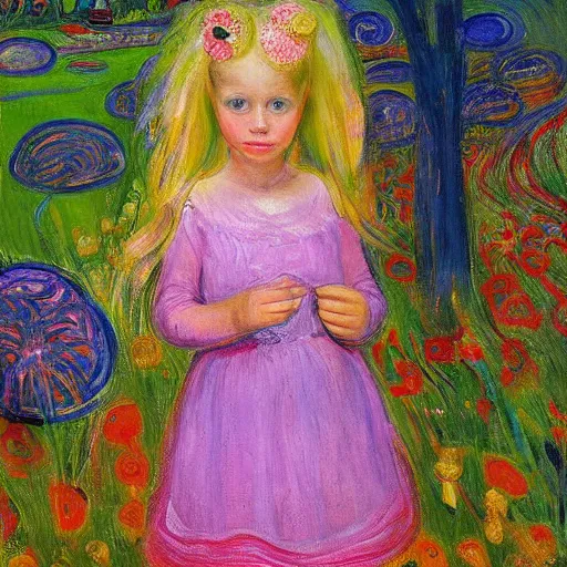 Image similar to by victor nizovtsev, by edvard munch ornamented. a computer art of a young girl with blonde hair, blue eyes, & a pink dress. she is standing in a meadow with flowers & trees.