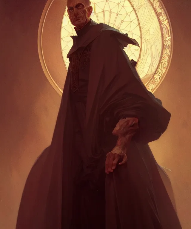 Image similar to an evil priest, portrait, intricate, elegant, highly detailed, digital painting, artstation, concept art, smooth, sharp focus, illustration, art by artgerm and greg rutkowski and alphonse mucha