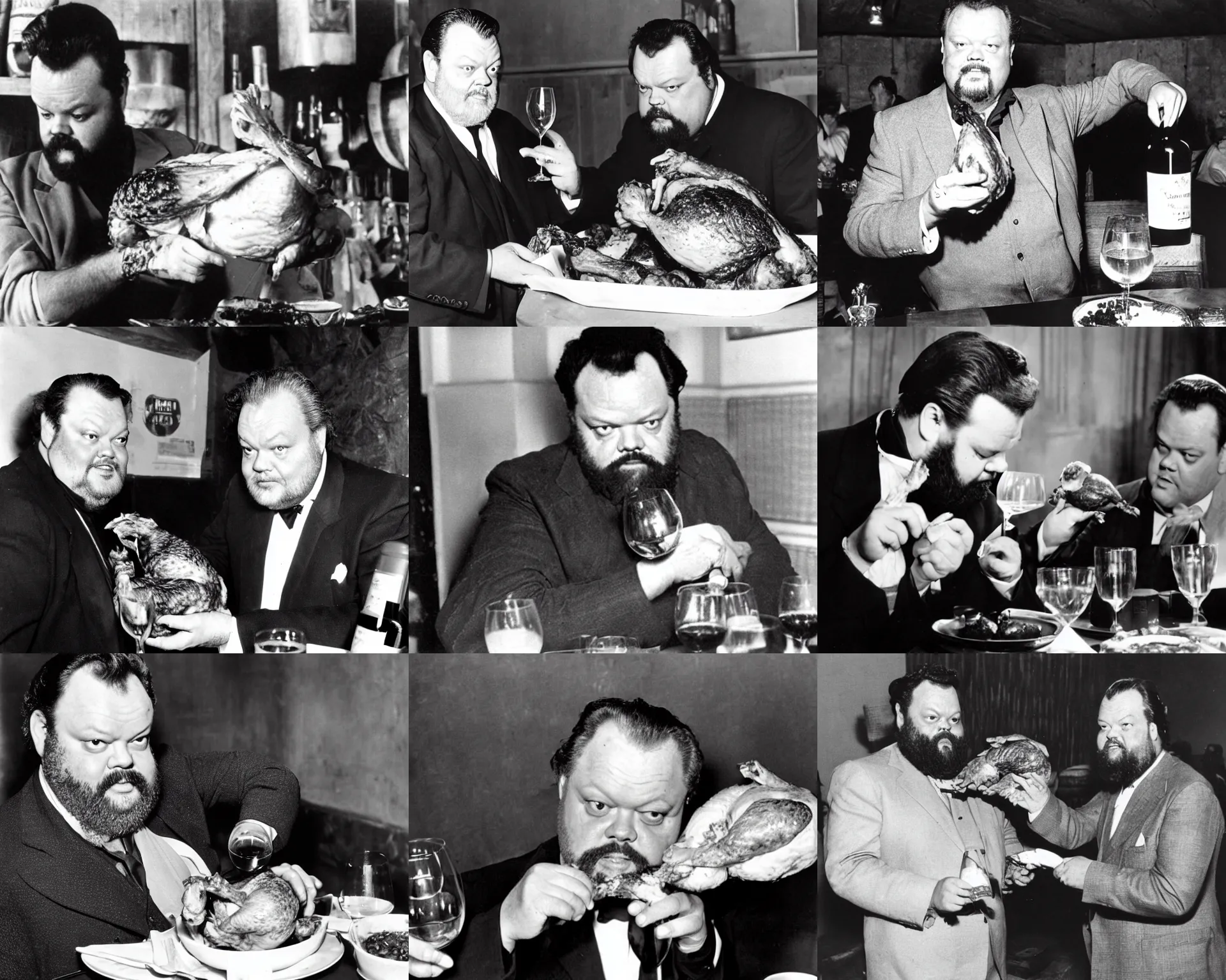 Prompt: orson welles guzzling paul masson wine with one hand while holding an entire roast chicken with the other