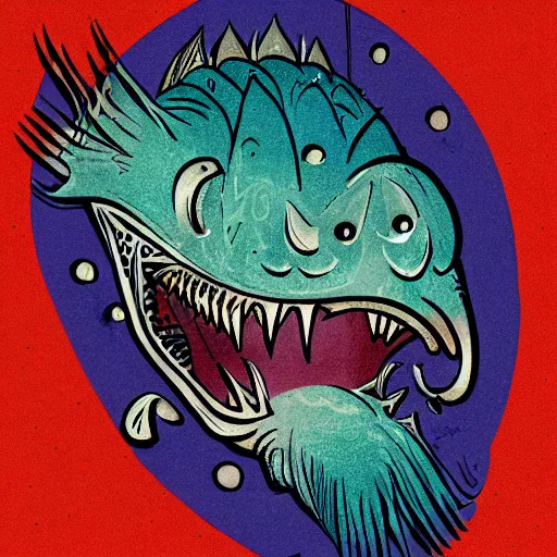 Image similar to illustration of an angler fish, in the style of robert geronimo, deep sea, large mouth filled with pointed teeth, stylized linework, ornamentation, artistic, color