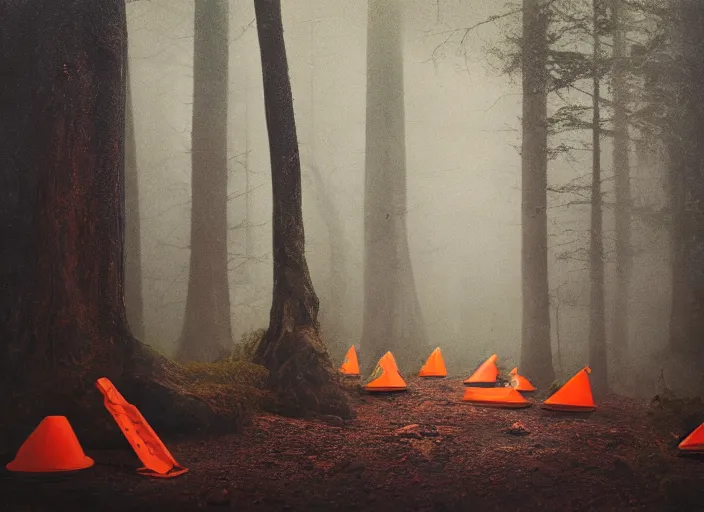 Prompt: a few orange safety cones in a beautiful strange forest, a lonely black hairy beast in the distance, cinematic painting by james jean, atomspheric lighting, moody lighting, dappled light, detailed, digital art, limited color palette, wes anderson, 2 4 mm lens, surreal
