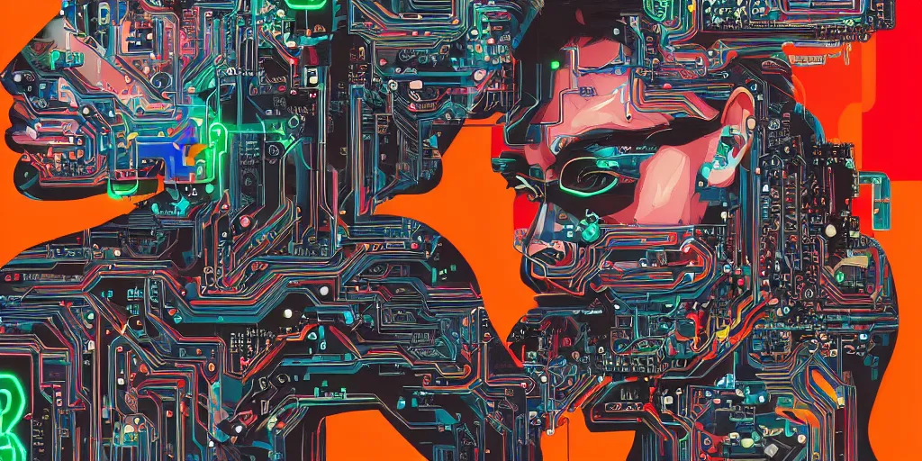 Image similar to portrait of computer & circuits, 8 k, by tristan eaton, trending on deviantart, face enhance, hyper detailed, minimalist, cybernetic, android, blade runner, full of colour, super detailed