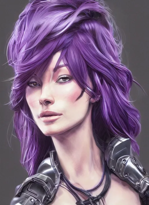 Prompt: close up portrait of a pale olivia wilde in sci - fi power armor with purple hair, powerful, domineering, stoic, masterful, intense, ultrafine hyperdetailed illustration by kim jung gi, irakli nadar, intricate linework, sharp focus, octopath traveler, yoji shinkawa, highly rendered, detailed, concept art