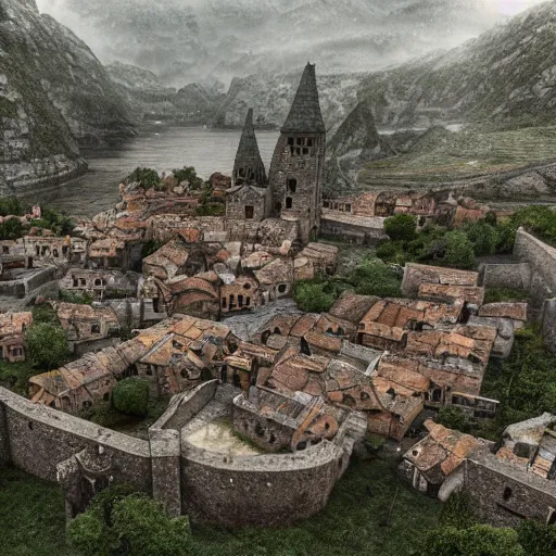 Image similar to the center of a poor medieval town under the rain at late dawn, in a valley, surrounded by mountains, highly detailed, octane render, hyper realistic, ultra detailed cinematic, 8 k, photorealistic, widescreen, hd, hyper realism