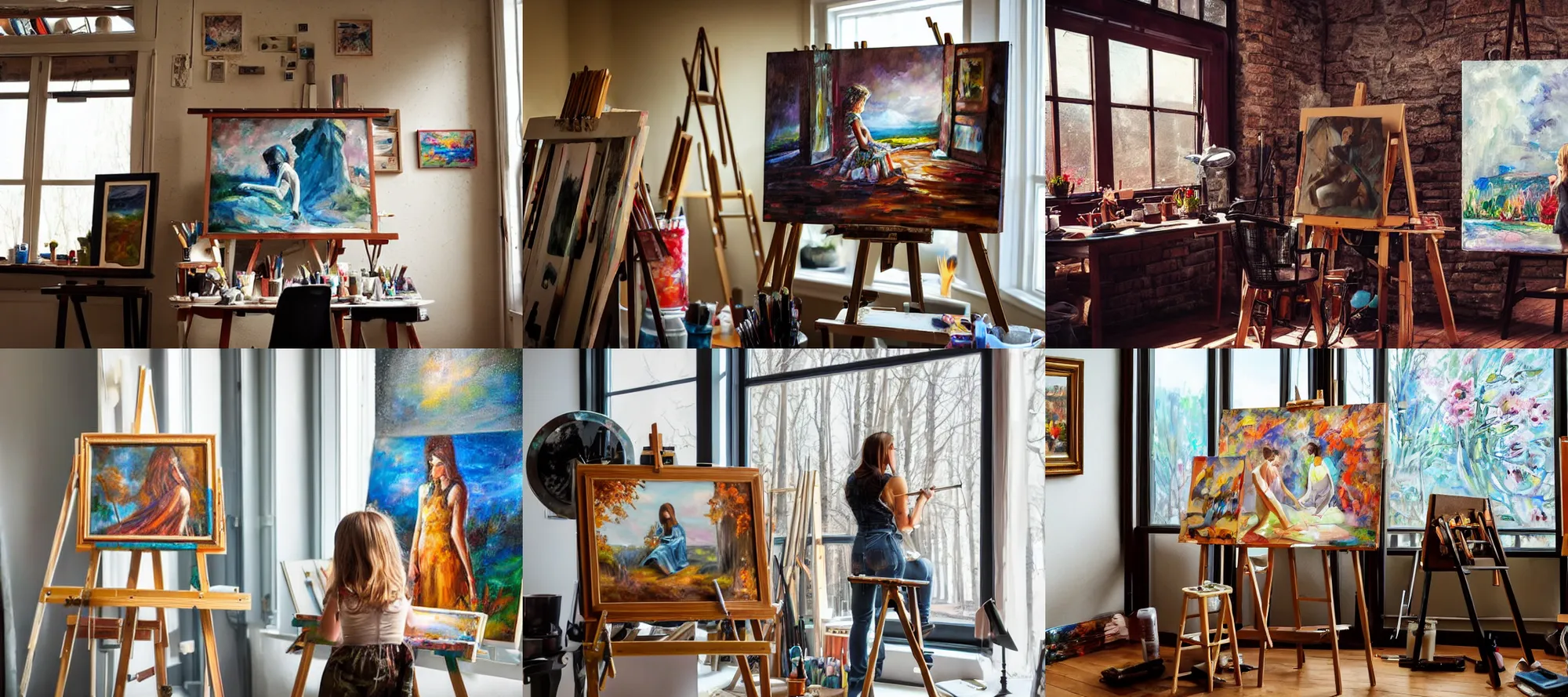 Prompt: artists studio full of art equipment. mason jar full of brushes close view on table, easel with painting of girl by window, scenic full shot, ambient lighting, fantasy art on wall,
