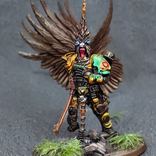 Image similar to 8 0 mm resin detailed miniature of a warhammer 4 0 k humanoid bird warriors, beaks, wings, feathers, product introduction photos, 4 k, full body, hyper detailed,