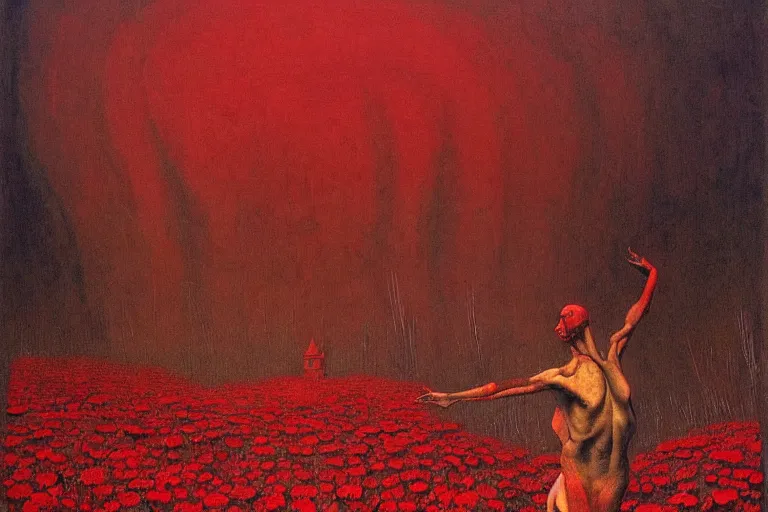 Image similar to only with red, red flowers of different types, a red tiger, a castle in the background, medieval demons dance over the flowers, an ancient path, in the style of beksinski, part by hopper, part by rodcenko, part by hofbauer, intricate composition, red by caravaggio, insanely quality, highly detailed, masterpiece, red light, artstation