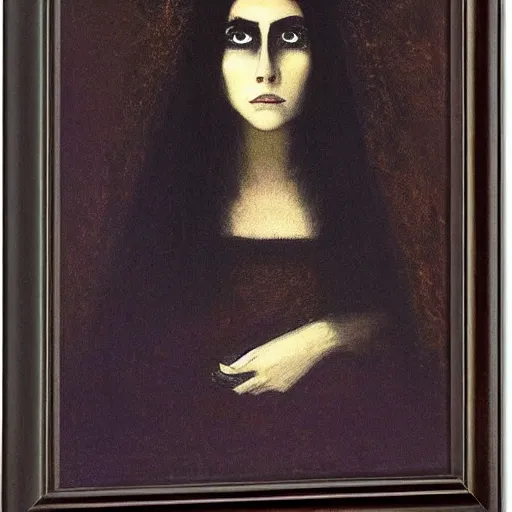 Image similar to gothic woman with big dark eyes, thick eyebrows and long hair by Odilon Redon