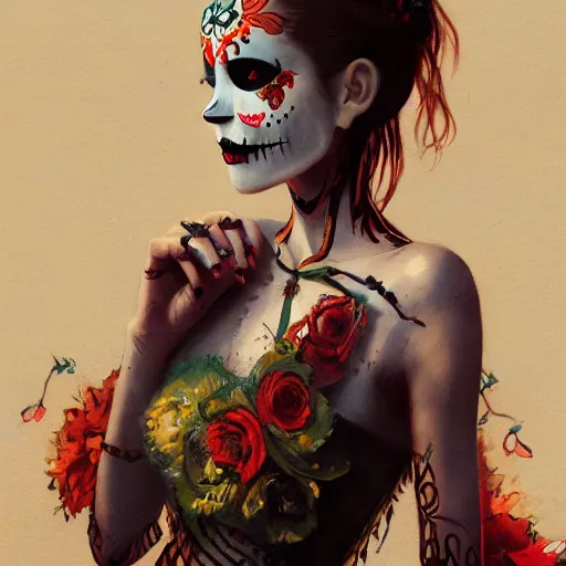 Prompt: vogue magazine, mexican day of the dead, greg rutkowski, john singer sargent, anime, trending on artstation, crop top, intricate