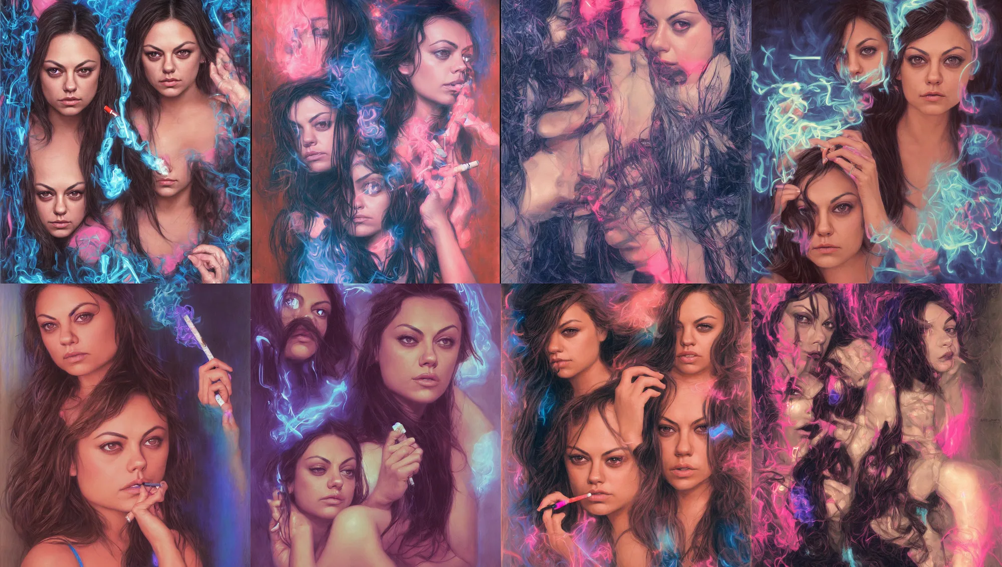 Image similar to portrait mila kunis looking into the camera leaning back against a wall smoking a cigarette, blue and pink neon lit entrance, 1 9 8 0 s, intricate, moody, tasteful, intimate, highly detailed, short focus depth, artgerm, donato giancola, joseph christian leyendecker
