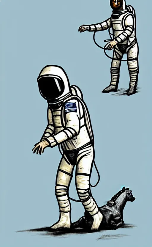 Prompt: man with a horse mask is standing on crawling astronaut, concept art, monthy python sketch, high fidelity details