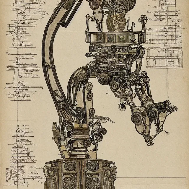 Image similar to detailed, intricate technical drawings on parchment from 1 8 4 0, with labels and notes, for a beautiful, symmetric, art nouveau robotic arm holding a paintbrush, by ron cobb and alphonse mucha