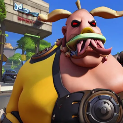 Image similar to Roadhog from Activision Blizzard’s Overwatch video game eats at McDonald’s with Obama