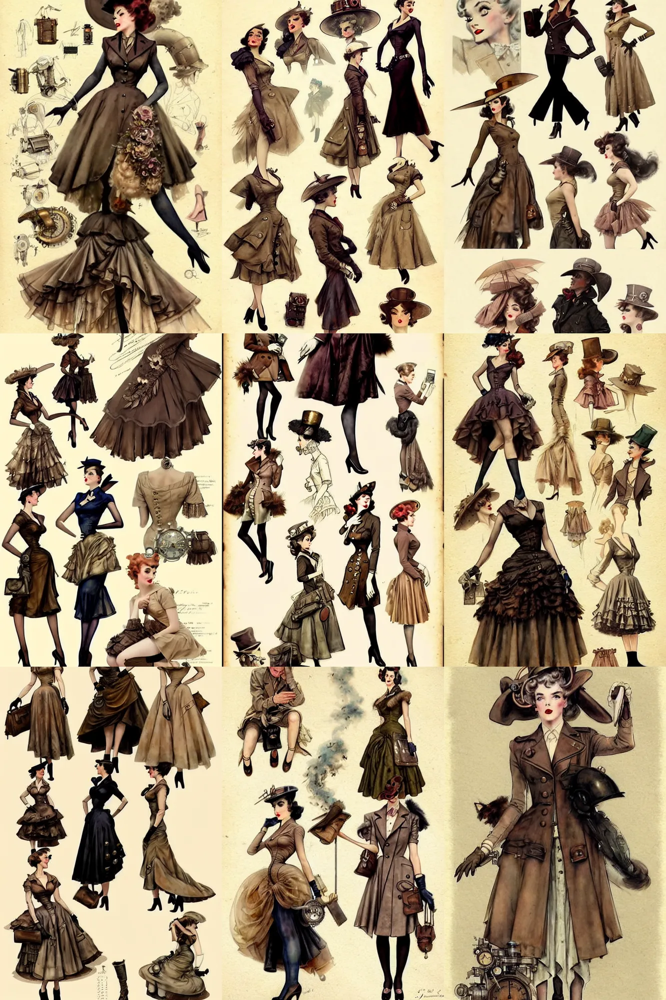 Prompt: ( ( ( ( ( 1 9 5 0 s steampunk fashion cover art. fashion reference sheet. muted colors. ) ) ) ) ) by jean - baptiste monge!!!!!!!!!!!!!!!!!!!!!!!!!!!