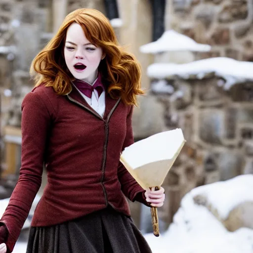 Prompt: emma stone as hermione granger, in hogsmeade