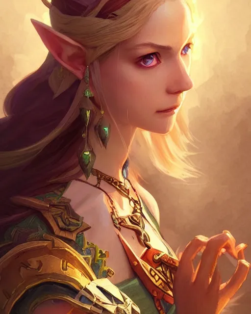 Image similar to legend of Zelda, D&D, fantasy, intricate, elegant, highly detailed, digital painting, artstation, concept art, matte, sharp focus, illustration, hearthstone, art by Artgerm and Greg Rutkowski and Alphonse Mucha