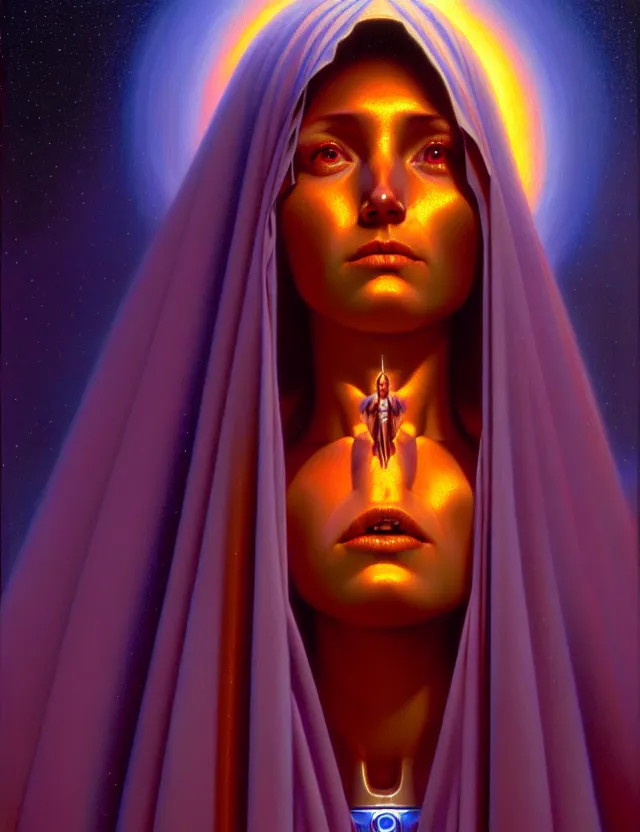 Prompt: robot award winning cathorlic virgin mary close - up portrait symmetry desaturated tetrachromacy colors astral background tim hildebrandt wayne barlowe bruce pennington donato giancola larry elmore masterpiece trending on artstation cinematic composition beautiful lighting hyper detailed!!! 8 k oil on canvas