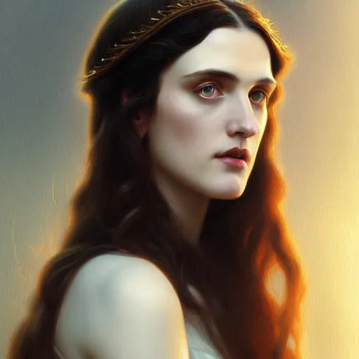 Image similar to beautiful striking Pre-Raphaelite Katie McGrath by Artgerm and Greg Rutkowski, intricate, elegant, highly detailed, digital painting, artstation