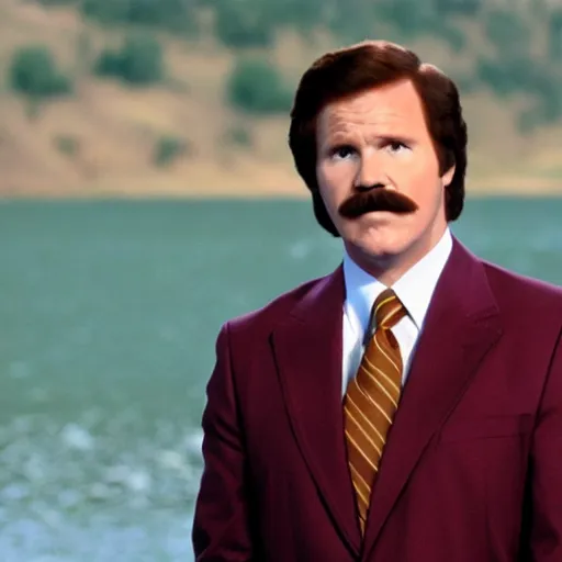 Image similar to Ron Burgundy standing near a lake with Champ Kind