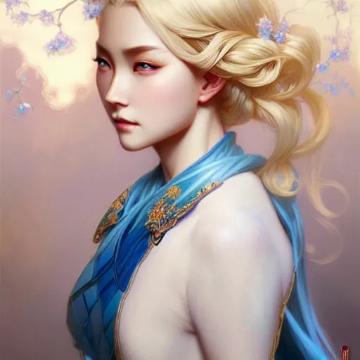 Image similar to elegant Chinese princess, D&D, blue eyes, blonde hair, fantasy, intricate, elegant, highly detailed, digital painting, artstation, concept art, smooth, sharp focus, illustration, art by artgerm and greg rutkowski and alphonse mucha