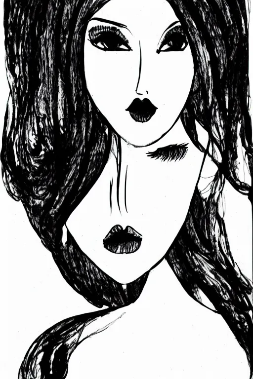 Image similar to ink lineart drawing of a beautiful woman, doll face, big lips, white background, etchings by goya, chinese brush pen, illustration, high contrast, deep black tones contour