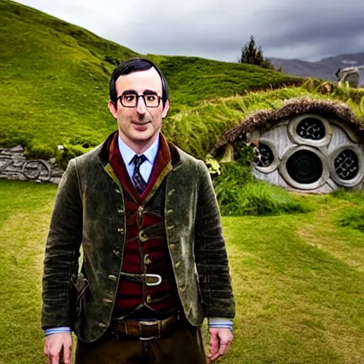 Image similar to john Oliver is a hobbit, he is in Hobbiton, fully body photo, sharp focus, realistic