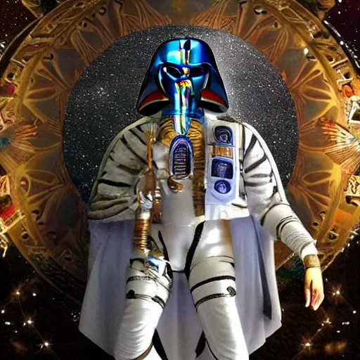 Image similar to the annunaki have returned to egypt wearing space suits that look like egyptian pharoah head - dresses and breathing hoses that look like elephant trunks - in star wars episode 3