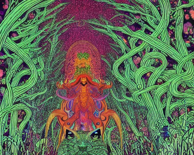 Image similar to A beautiful composition of a psychedelic glowing spirit animal psychonaut floating above a hedge maze, DMT, rich details full of texture, realistic eyes, artwork by Satoshi Kon and Yoshitaka Amano and Moebius