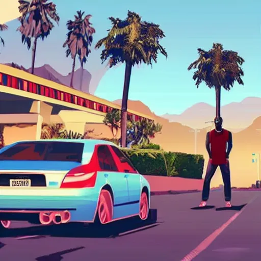 Image similar to Snoop Dogg in GTA V. Los Santos in the background, palm trees. In the art style of Stephen Bliss.