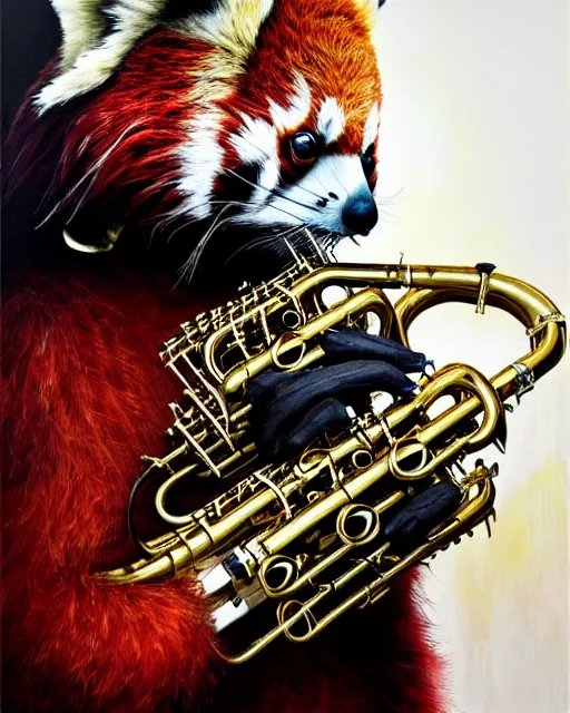 Image similar to a portrait of an anthropomorphic cyberpunk single red panda playing a saxophone by sandra chevrier, by jon foster, detailed render, tape deck, epic composition, cybernetics, 4 k realistic, cryengine, realistic shaded lighting, sharp focus, masterpiece, by enki bilal