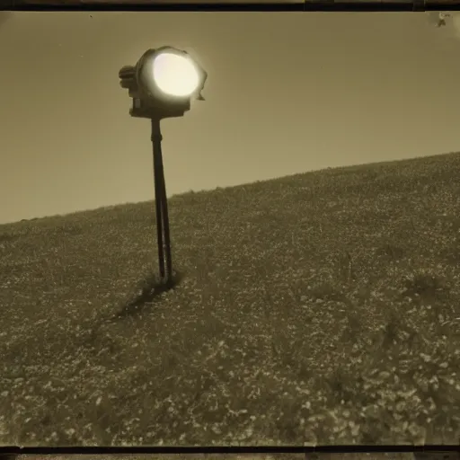 Image similar to a bright light covering the sky, dirt ground, dust, taken on a ww 2 camera, very high bloom ammount, realistic.