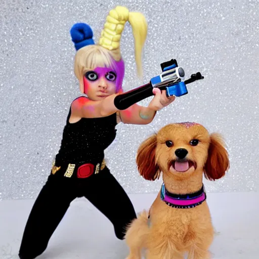 Prompt: harley quinn aiming down glitter gun with toy cavoodle dog by her side