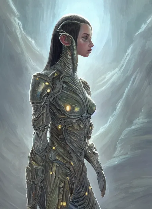 Image similar to a professional painting of a beautiful young female alien, clothed in ethereal armor, olive skin, long dark hair, beautiful bone structure, symmetrical facial features, intricate, elegant, digital painting, concept art, smooth, sharp focus, illustration, from Valerian and the City of a Thousand Planets, by Ruan Jia and Mandy Jurgens and Artgerm and William-Adolphe Bouguerea