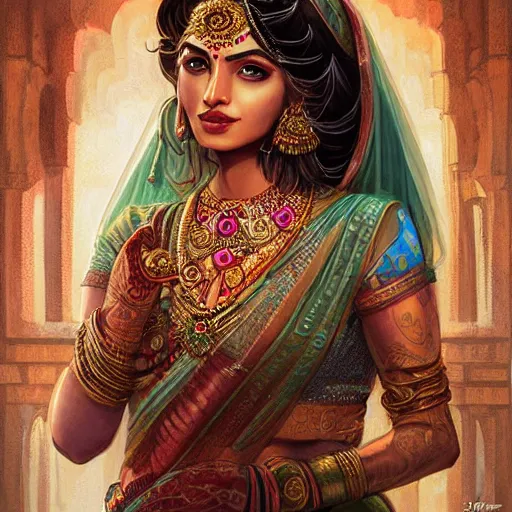 Prompt: portrait of Beautiful indian bride , full of details, ultradetailed, matte painting, concept art, smooth, by Jordan Grimmer and by artgerm and by krenz cushart