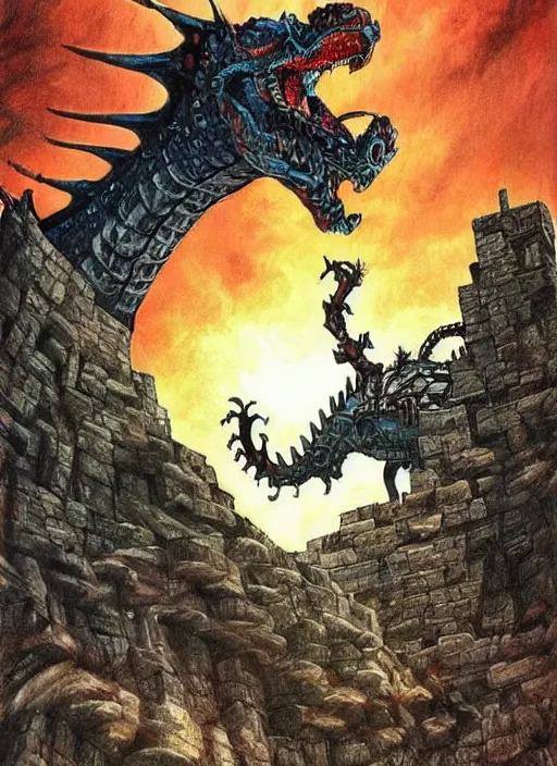 Image similar to detailed fantasy comic book drawing of a ( giant mechanical dragon ) over a ( stronghold castle ) by dariusz zawadski and simon stalenhag, simon bisley!, jack kirby!!! and gris grimly, cinematic, epic, awesome color palette, hard contrast, ink outlines