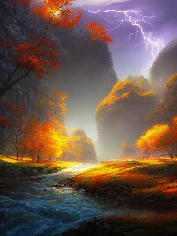 Image similar to a wonderful land with four season in one day, autumn, spring, winter, summer, landscape, artstation, high detailed, cinematic lightning by tyler edlin