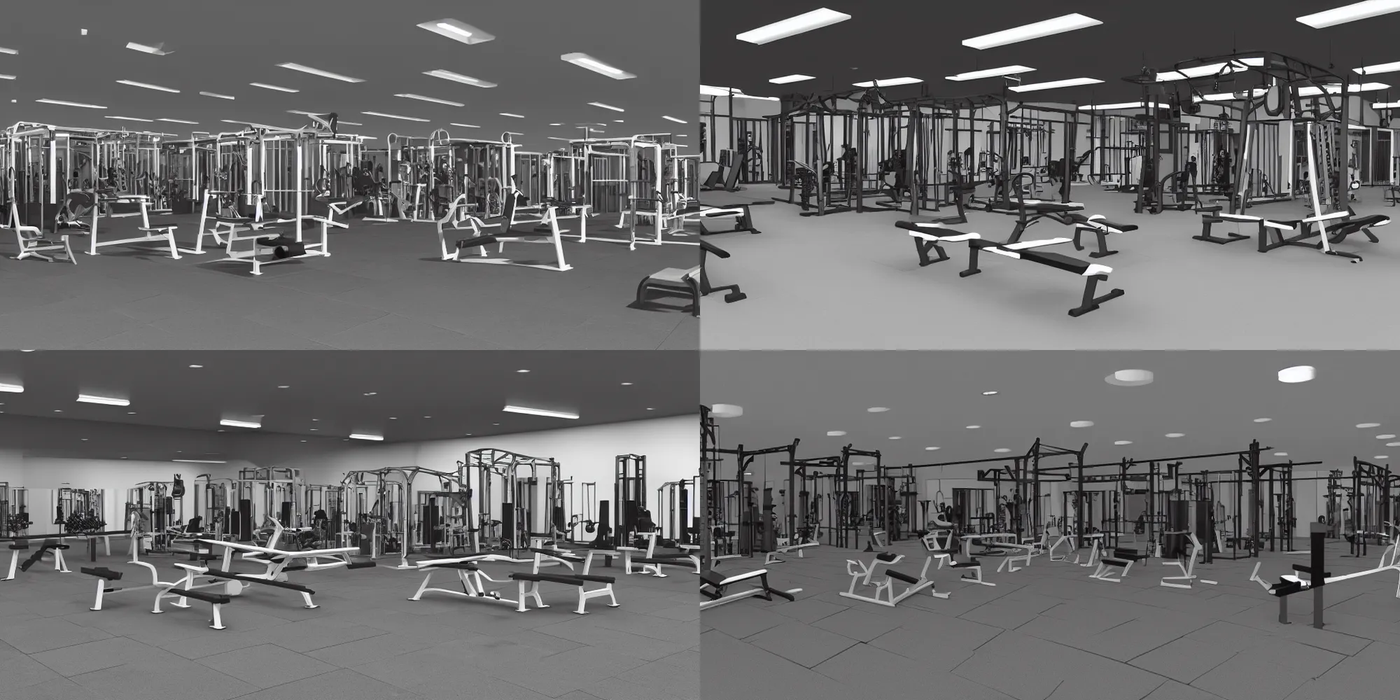 Prompt: a physically based render of a weightlifting gym with benches, racks, cable machines