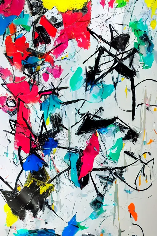 Prompt: abstract expressionist painting, paint drips, acrylic, wildstyle, clear shapes, maximalism, smeared flowers, origami crane drawings, oil pastel gestural lines, large triangular shapes, painting by ashley wood