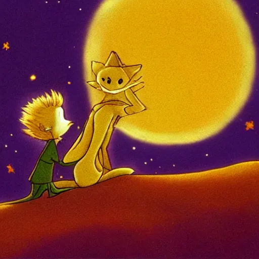 Prompt: the little prince talking to the fox, the nightmare before christmas art style, movie shot