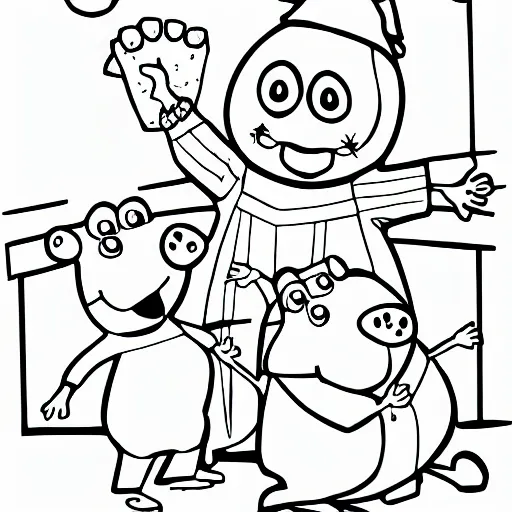 Image similar to pepapig cartoon with pepa george and daddy pig, colouring page