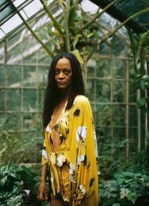 Prompt: grainy head to shoulder portrait Polaroid film photograph of Zoe Saldaña wearing a yellow kimono with a very detailed barn owl on her shoulder!!! in a tropical greenhouse. looking at the camera!!. super resolution. Extremely detailed. Polaroid 600 film. by Annie Leibovitz.