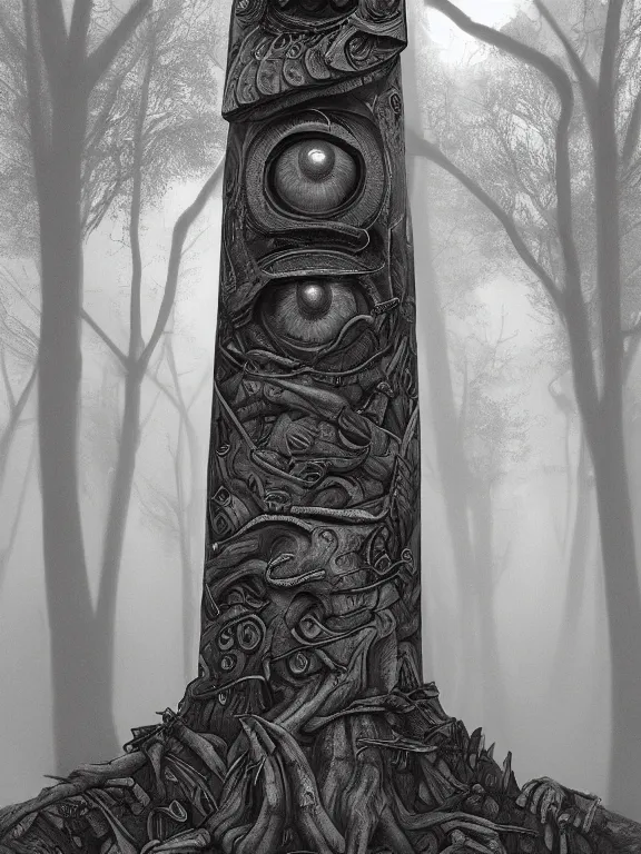 Prompt: a beautiful hyper realistic detailed matte painting showing an old totem of the old owl, a strange and oppressing statue who seems to intensely watch you, lovecraftian style, dramatic lighting, dynamic lighting, cinematic lighting, by maurits cornelis escher, black and white, featured on artstation