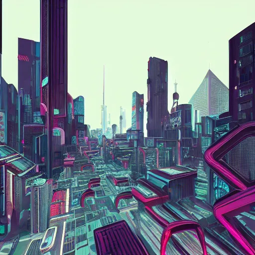 Prompt: cyberpunk city, two - point perspective