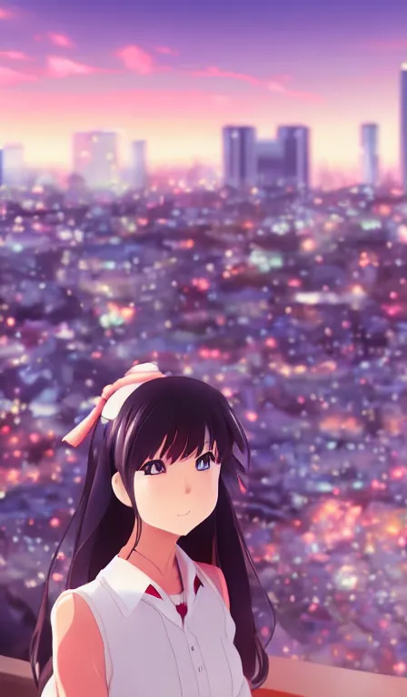 Image similar to anime fine details portrait of a school girl in front of modern tokyo city landscape on the background deep bokeh, close-up view, anime masterpiece by Makoto Shinkai, 8k, sharp high quality anime, artstation