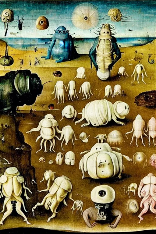 Image similar to a beautiful tardigrade landscape with weird tardigrade creatures by hieronymus bosch and dali