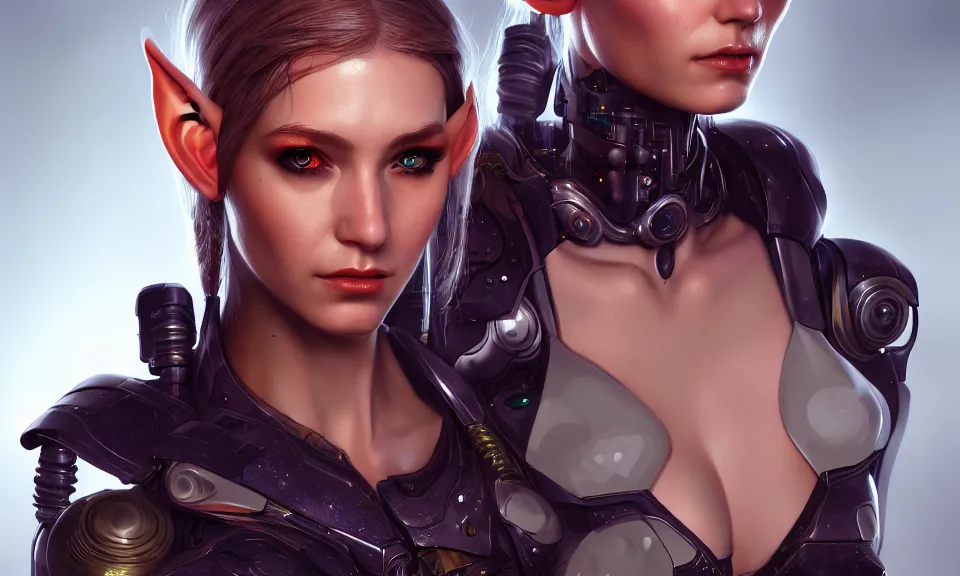 Image similar to portrait of a beautiful female elf with cyborg body ,highly detailed face and eyes, cyberpunk, cgsociety, realistic shaded Perfect face ,featured in cinematic, elegant, ,artstation,illustration, 8k