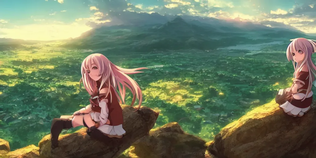 Prompt: isekai masterpiece anime girl sitting on a rock off to the side looking down upon swedish town, during dawn, cinematic, very warm colors, intense shadows, anime illustration, anime screenshot composite background