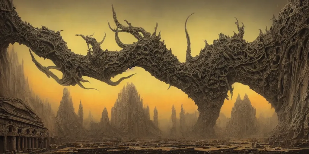 Image similar to sci - fi concrete alien eldritch demonic baroque rococo gothic architecture in hell, babylonian, ziggurat, zaha hadid, beksinski, wayne barlowe, oil painting, photoreal, highly detailed, 8 k, hd, vray, artstation, cinematic matte painting, extreme detail photo quality, sunset, featured on behance