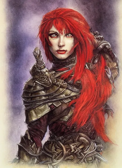 Image similar to portrait of strong female ranger, beautiful! coherent! dungeons and dragons character, by brian froud, strong line, deep color, leather armor, short red hair, high contrast