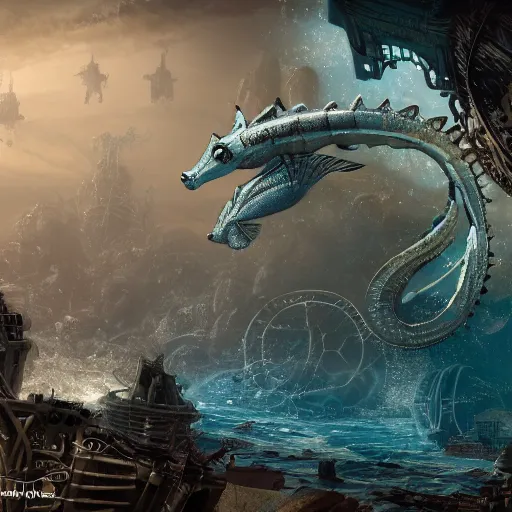 Prompt: a seafloor view of a giant seahorse swimming above the overpopulated steampunk sci-fi city of Atlantis by Cedric Peyravernay, highly detailed, full view of seahorse, excellent composition, cinematic concept art, rich dramatic lighting, trending on ArtStation